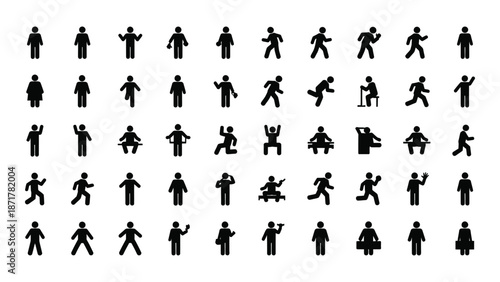 A collection of diverse stick figures in various active poses and orientations