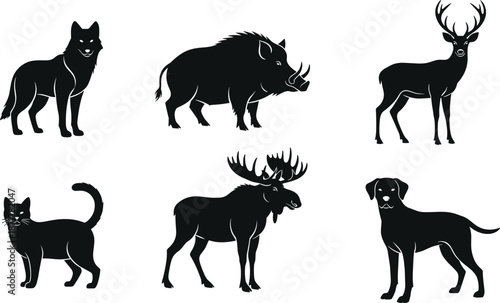 Wild and domestic animal silhouette illustration set with wolf, boar, deer, moose, dog and cat, black vector wildlife collection