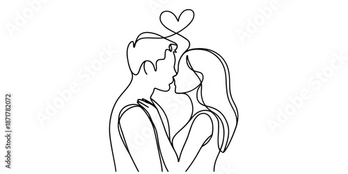 Continuous line art drawing of a loving couple in embrace with a heart above their heads Vector, illustration