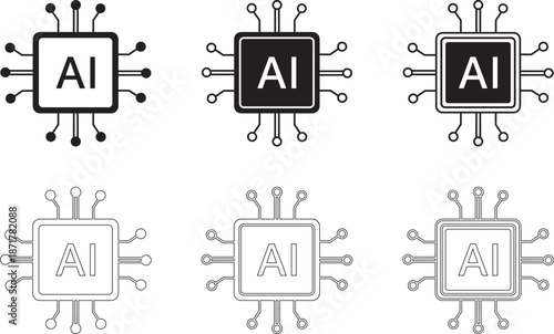 Six black and white A I chip with connected nodes and A I letters in the center
