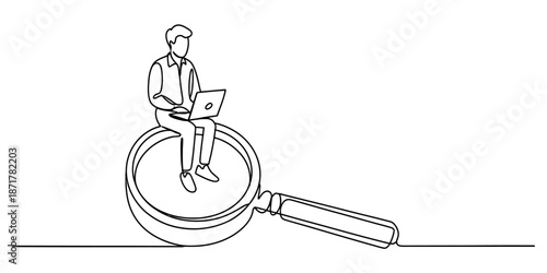 A person working on a laptop while sitting on a magnifying glass in continuous line art Vector, illustration