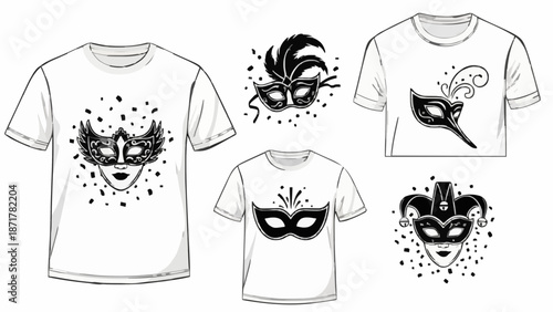 Elegant Venetian Masquerade Mask Illustration Set for Monochrome Graphic T-shirt Design and Carnival Fashion Apparel.