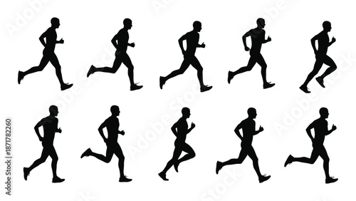 Silhouettes of runners in various poses demonstrating a running cycle