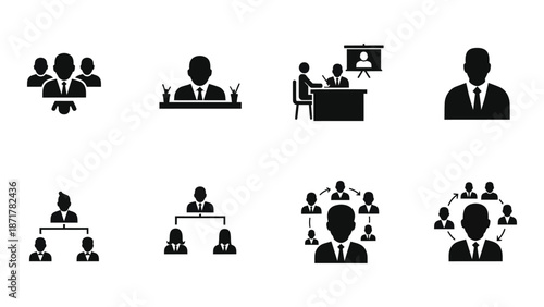 Black silhouettes depicting various business meeting and organizational chart scenarios