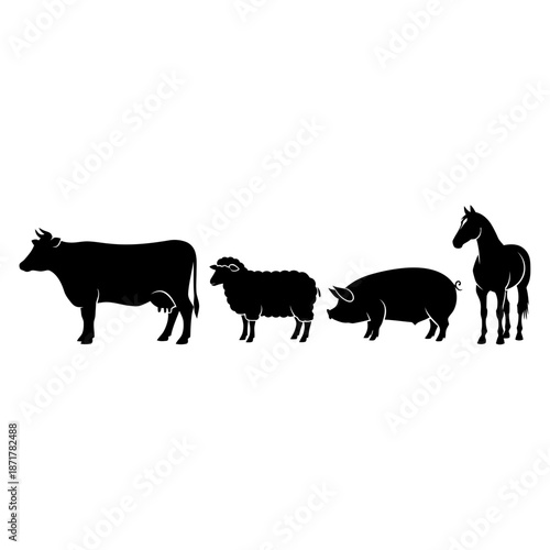 Stylized black silhouettes of farm animals including cow, sheep, pig, and horse stand together representing agriculture and livestock
