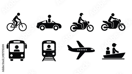 Various transportation icons including bikes cars planes and boats shown in black
