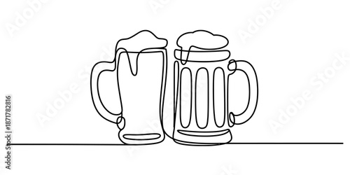 Continuous line drawing of two beer mugs with foam a minimalist single line design Vector, illustration