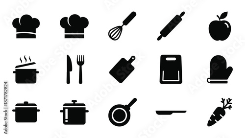 Black silhouette icons depicting various cooking tools ingredients and kitchen items