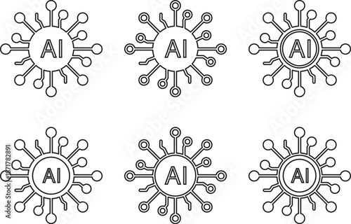 Six black and white AI neural network with circular nodes and connections artificial intelligence icons set vector illustration design template.