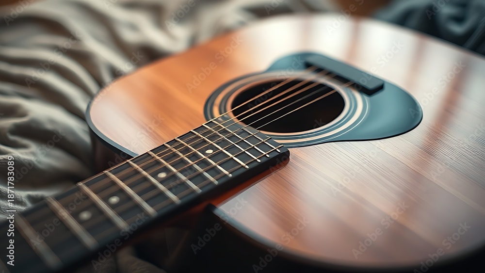 Fototapeta premium strumming. Acoustic guitar on soft surface with warm lighting highlighting natural wood textures, tutorial guides, club newsletters, designed for sports & leisure club marketing.