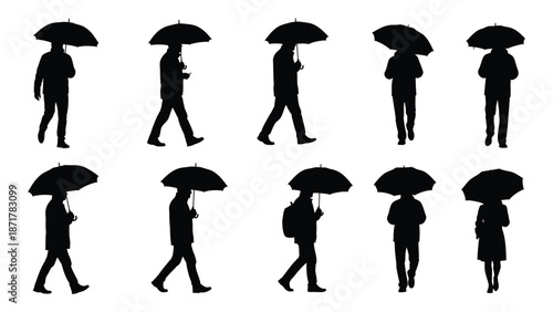 Silhouettes of people walking with umbrellas in various poses and perspectives