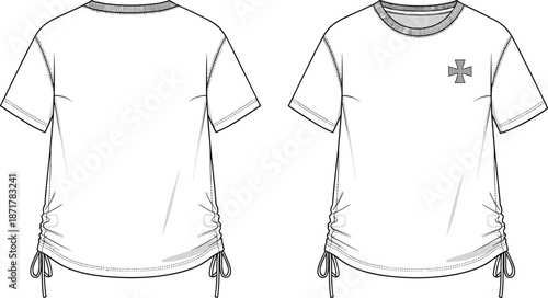 Women drawstring side t shirt technical illustration showing front and back views isolated on white background for fashion apparel design use