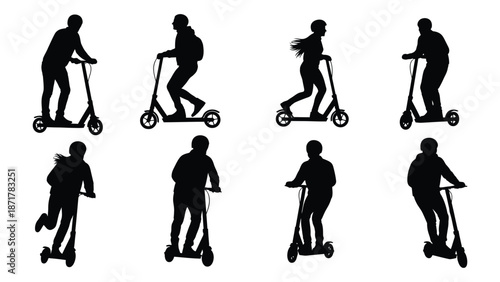 Silhouettes of people riding scooters in a variety of poses and actions