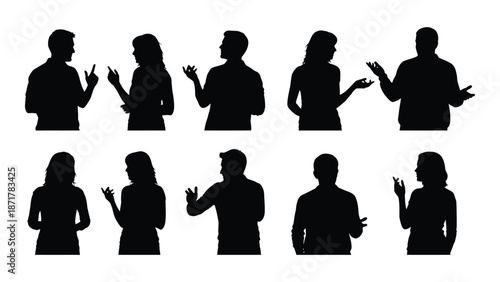 Silhouettes of diverse people using different hand gestures and expressions