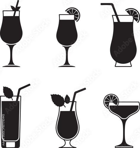 Six Black Cocktail Glasses with Garnishes in Minimalist Style drinks