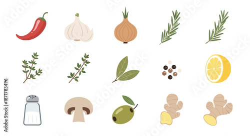 Assortment of Fresh Culinary Herbs Spices and Essential Cooking Ingredients.