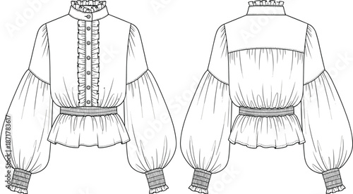 Women ruffled blouse technical illustration with puff sleeves showing front and back views isolated on white background for fashion apparel design