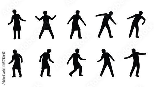 Silhouettes of people in various dynamic poses and actions displayed