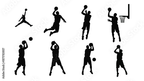 Silhouette series depicting various basketball actions and player movements