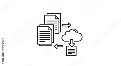 Line art icon depicting data transfer and cloud storage with multiple documents moving to and from a cloud server.