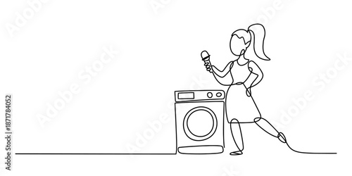 A single line drawing of a woman singing karaoke next to a washing machine Vector, illustration