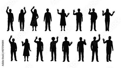 Silhouettes of people in various poses raising hands and celebrating together