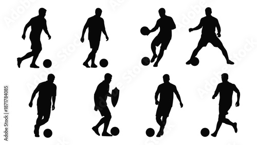 Silhouettes of athletes in motion playing various sports with balls