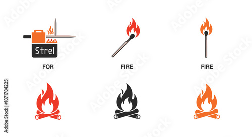 Collection of six fire-related icons, including matchsticks, campfires, and a fire starter, in various colors and styles.