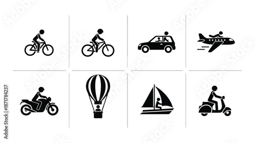 Various modes of transportation depicted as simple black and white icons