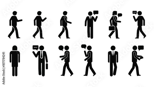 Black stick figures demonstrating various walking and talking postures and interactions