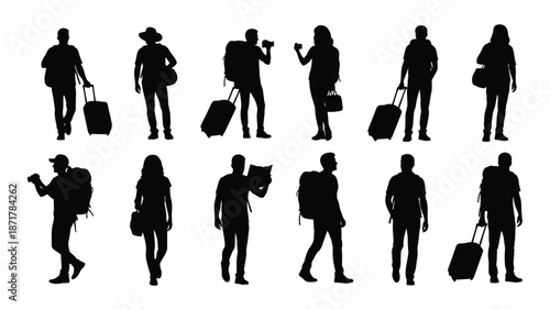 A collection of silhouettes showing people with luggage and various poses