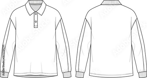 Men long sleeve polo shirt technical illustration showing front and back views isolated on white background for apparel design use