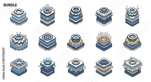 Isometric pixel art bundle of server racks and data center infrastructure icons.