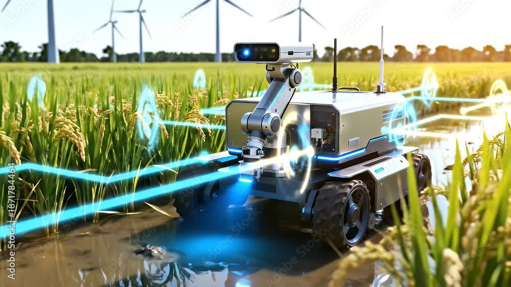 Robot Rice Fields An autonomous agricultural robot with sensors and glowing data lines ...