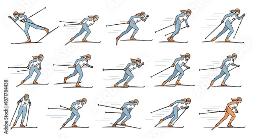 A detailed sequence of 15 illustrations demonstrating various cross-country skiing techniques and movements, showing a person in different stages of motion.