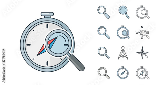 Illustration of a compass with a magnifying glass, symbolizing search, navigation, and discovery, alongside a collection of related icons.