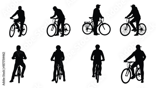 Silhouettes of cyclists and pedestrians in various poses black and white design