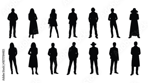 A collection of diverse black silhouettes depicting people in various attire