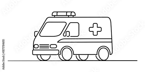 A simple black outline illustration of an ambulance vehicle on a white background Vector, illustration