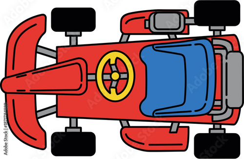 Top-down view of a red racing go-kart with blue seat, yellow steering wheel, and grey engine detail, perfect for racing or karting concepts
