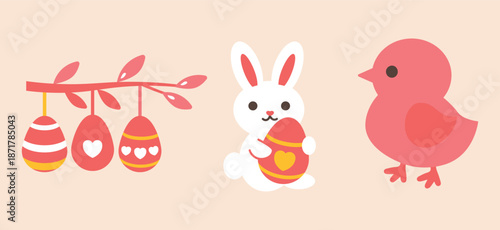 Cute Easter set. Spring collection Easter bunny, chick, egg, willow branch. For poster, card, scrapbooking , stickers. Flat style. Eps10