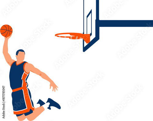 Basketball player in mid-air attempting a slam dunk over a white background, dynamic sports action