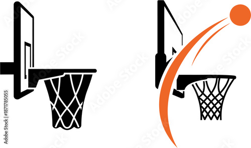 Dynamic vector illustration featuring two distinct basketball hoop designs, one a classic silhouette and the other capturing the energetic flight of an orange basketball toward the net