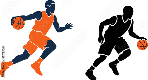 Dynamic illustration of a basketball player in action, skillfully dribbling the ball across the court, capturing the essence of the game and athletic movement
