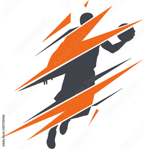 Vibrant graphic concept of a basketball player's explosive movement, stylized with a dynamic silhouette and energetic orange lightning, embodying speed, power, and competitive spirit