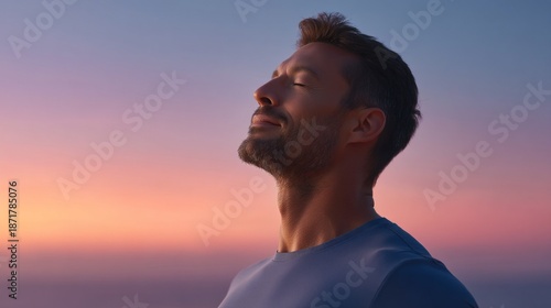 A confident man stands outdoors as the sun sets, taking deep breaths of fresh air. His eyes are closed, embodying relaxation and connection with nature in a beautiful landscape