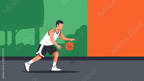 Vibrant illustration of a young man dribbling a basketball outdoors, depicting an active lifestyle, streetball, and healthy urban recreation