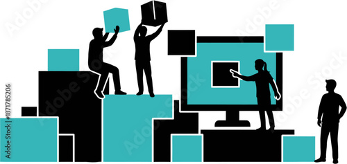 Dynamic team collaboratively building digital solutions and optimizing technological platforms, showcasing innovation and structured progress