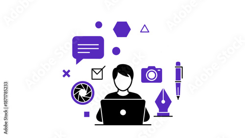 Illustration depicting a person immersed in the world of digital creativity, utilizing a laptop for graphic design, photography, and communication