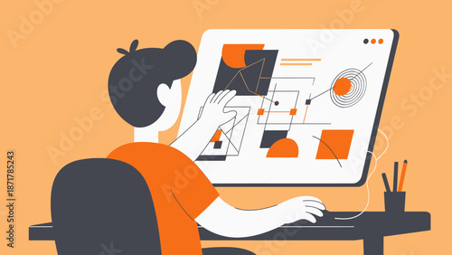 Graphic Designer Working on a Computer Screen with UI Design Elements